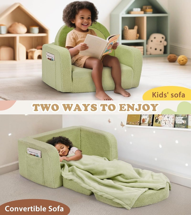 Foryoomi Kids Couch, 2-in-1 Soft Toddler Couch Fold Out with Blanket, Comfy Toddler Chair, Convertible Sofa, Gifts for Kids Girl Boys, Medium Green Rainbow - Image 5